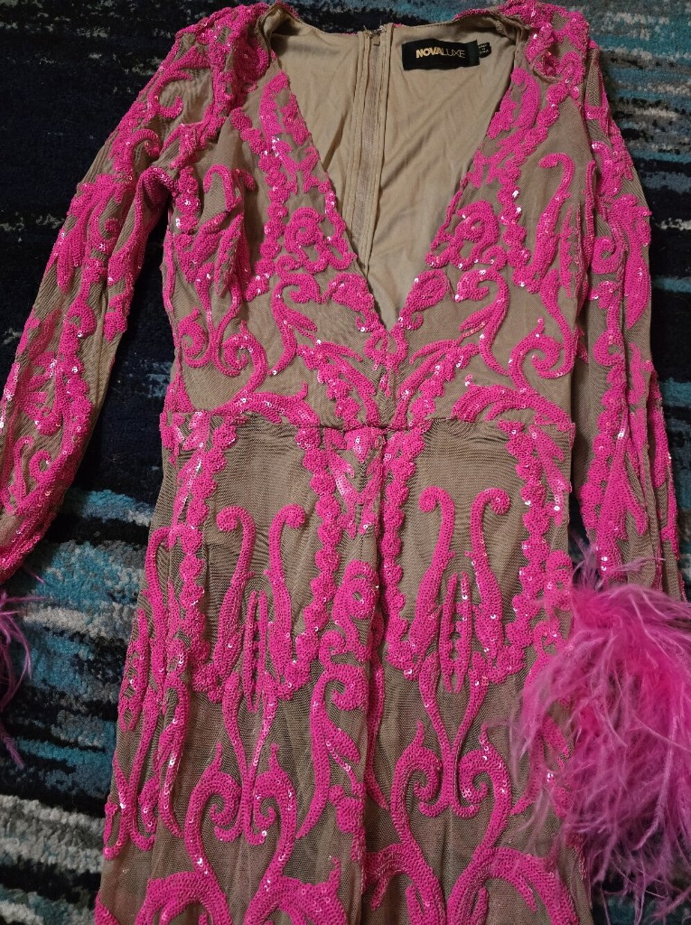 Dancing Queen Disco Festival Sequin Feather Nude Hot Pink Jumpsuit Bridal Shower - Picture 7 of 8